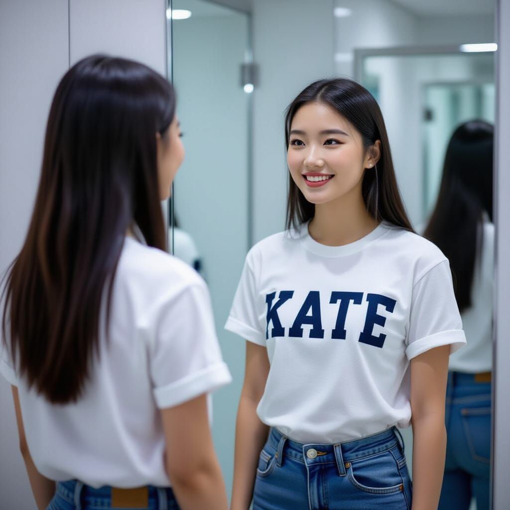 Korean Woman Tries On 'KATE' T-Shirt in Changing Room