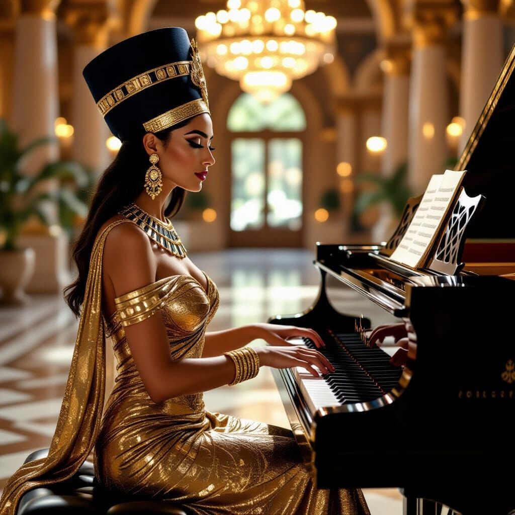 Egyptian Queen Plays Piano in Hyperrealistic Palace Scene