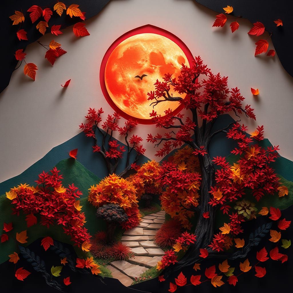 Kirigami Paper Art: Autumn Moon Over Forest