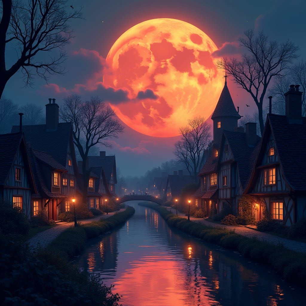 Fantasy Village Under Blood Moon, Cinematic Digital Painting