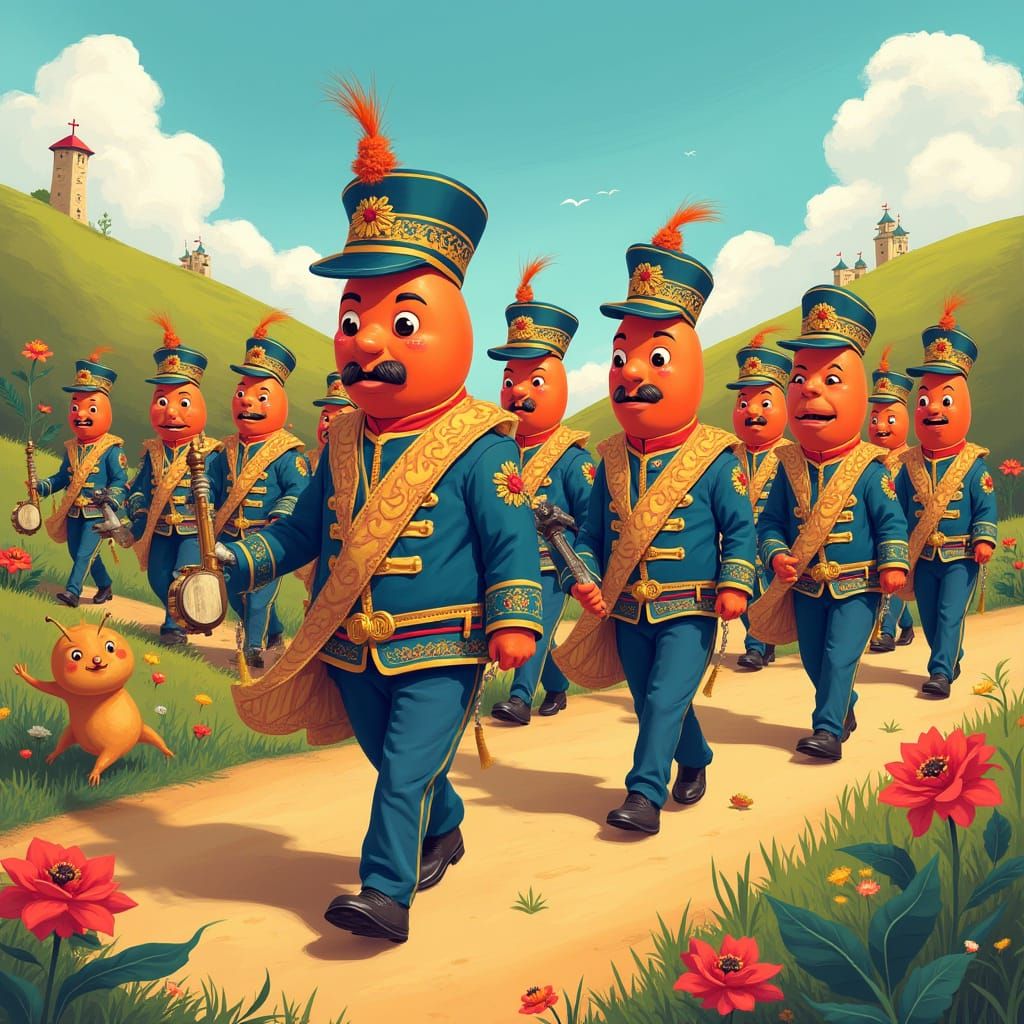 Vibrant Bean Marching Band in Whimsical Fantasy Landscape