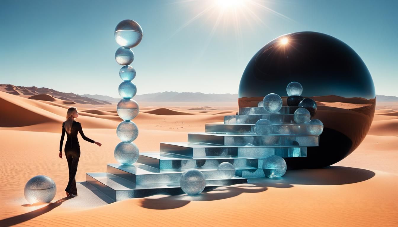 Alien Woman Climbs Glass Staircase in Surreal Desert