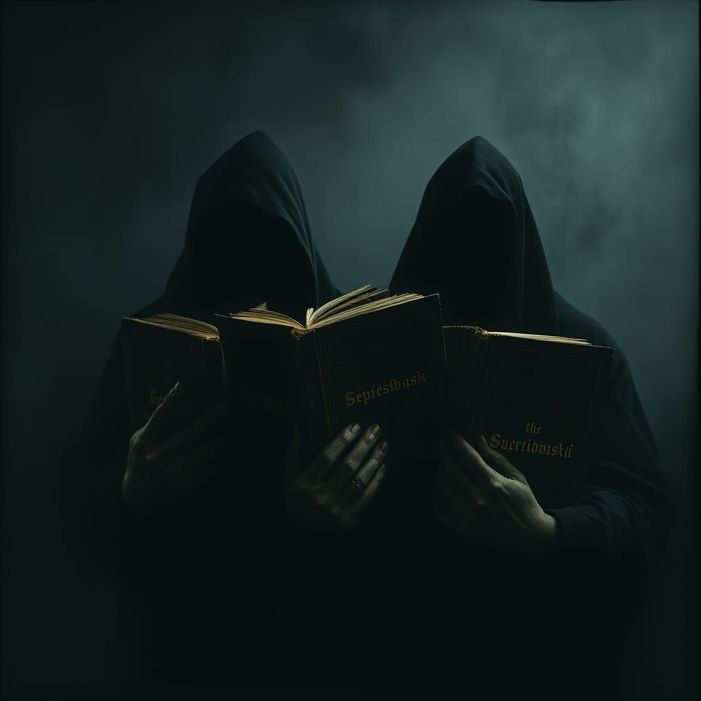 Sinister Figures with Blurred Faces Hold Leather-Bound Tomes...