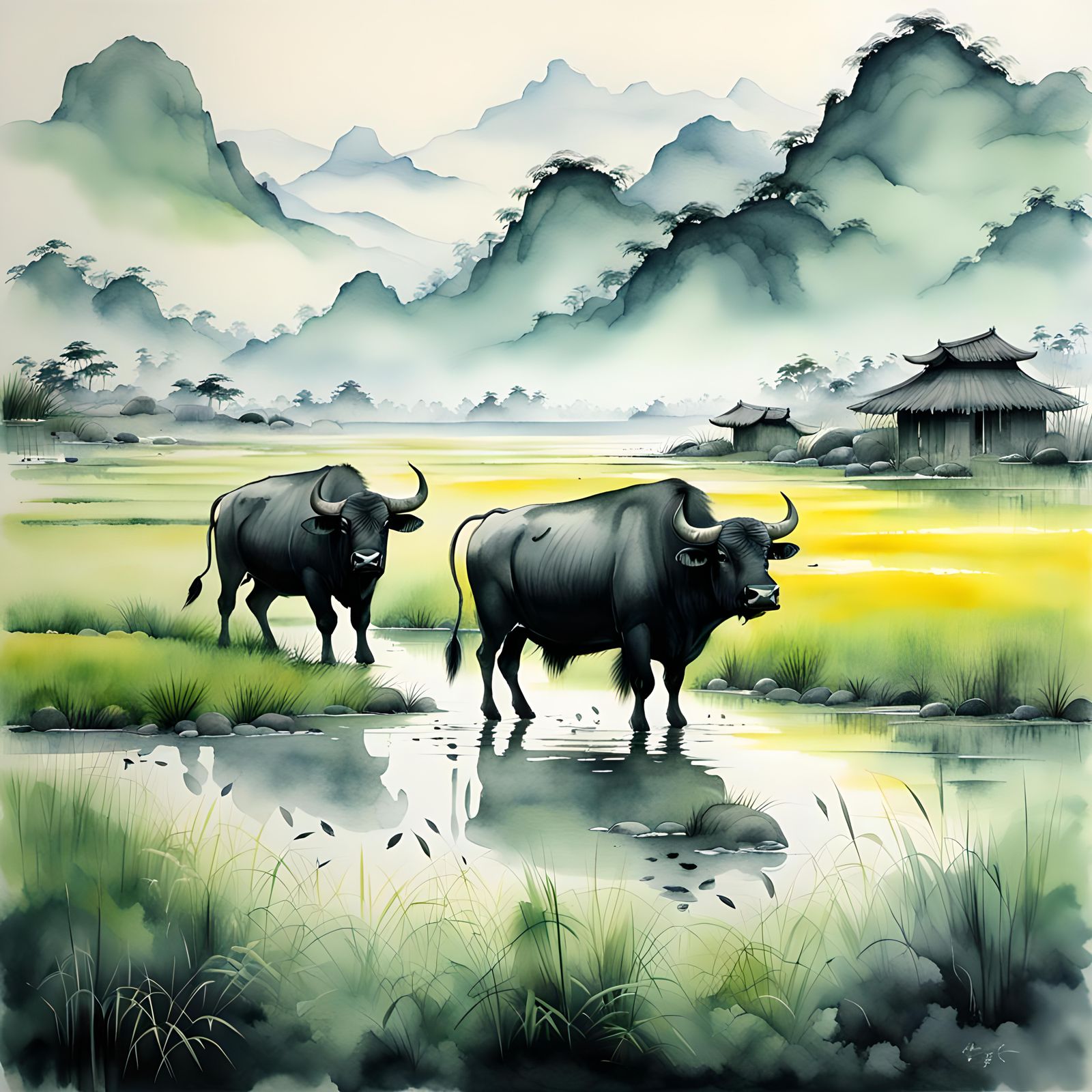 Water Buffalo in Rice Field: Watercolor Painting