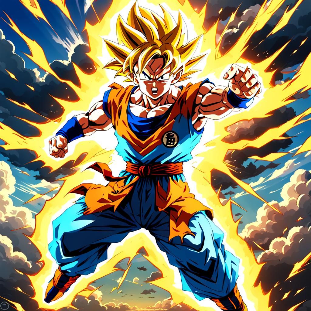 Goku's Intense Battle Aura in Anime Style