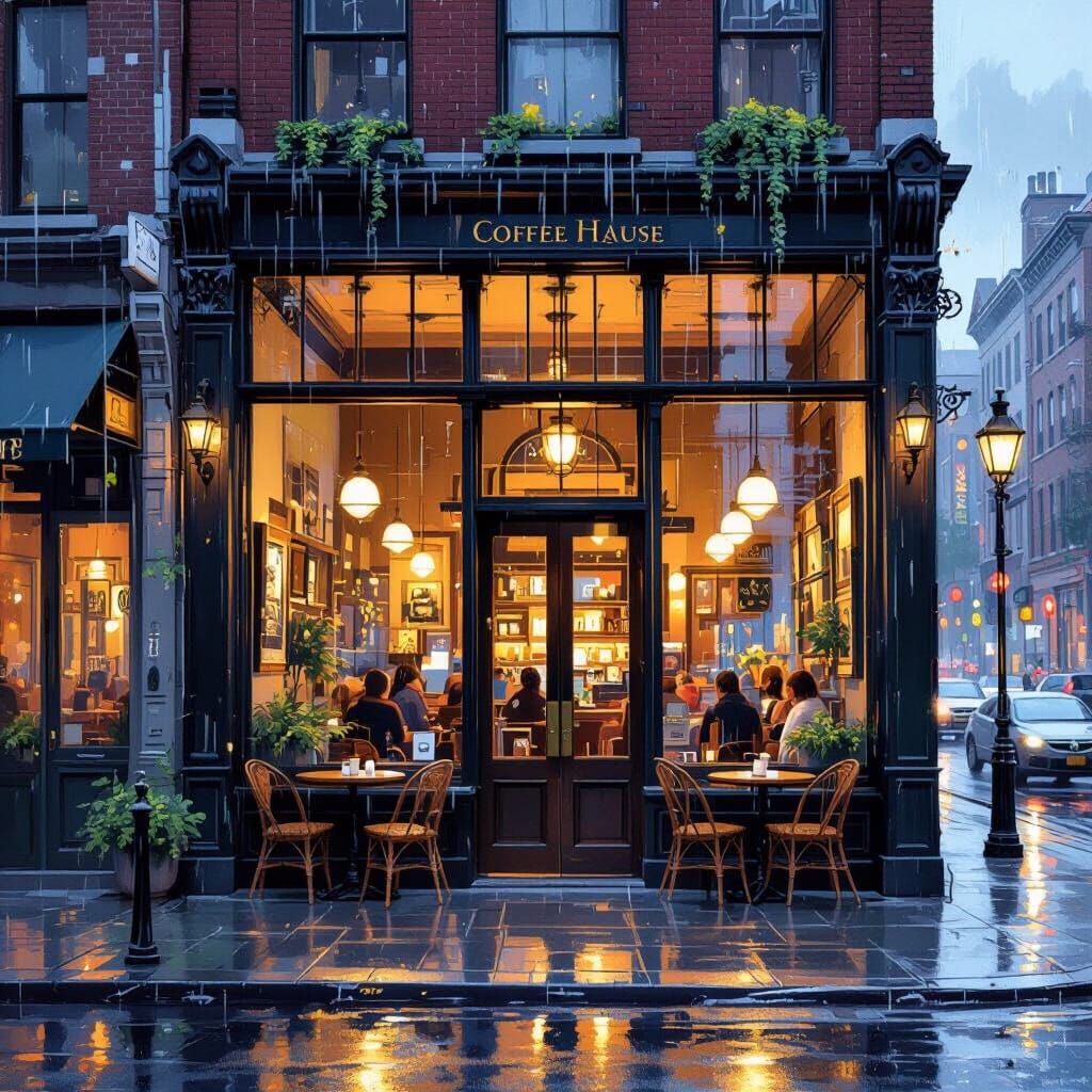 Rainy City Coffee House at Twilight