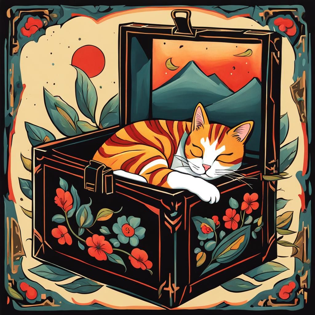 Upside Down Cat in Box: Gouache Tattoo Style