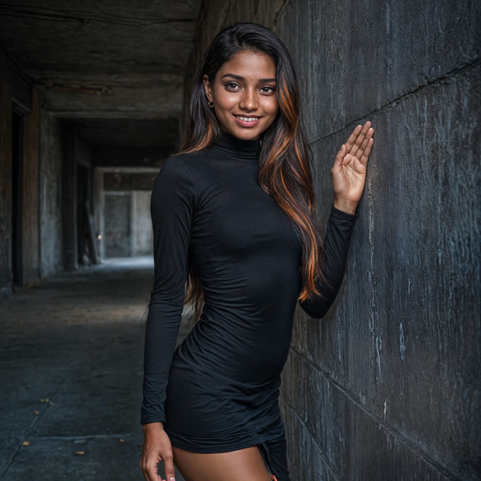 Tamil Woman Poses in Abandoned Hallway, Photo-Realistic