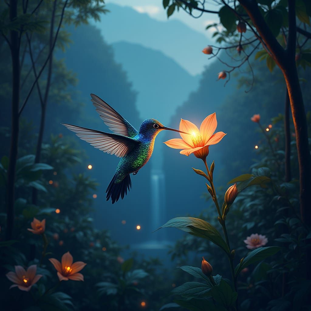 Bioluminescent Hummingbird in Jungle Valley, Digital Art