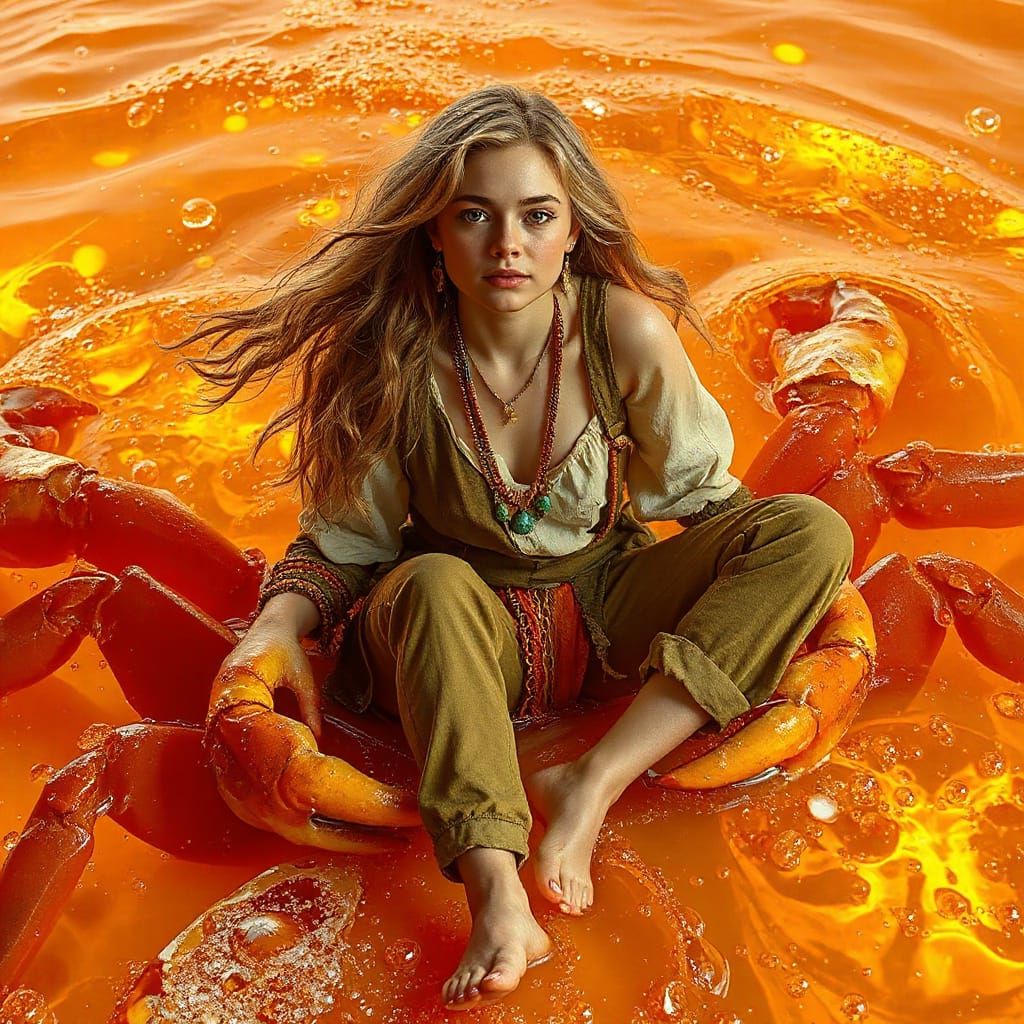 Bohemian Woman on Gummy Crab in Dreamlike Soda Sea
