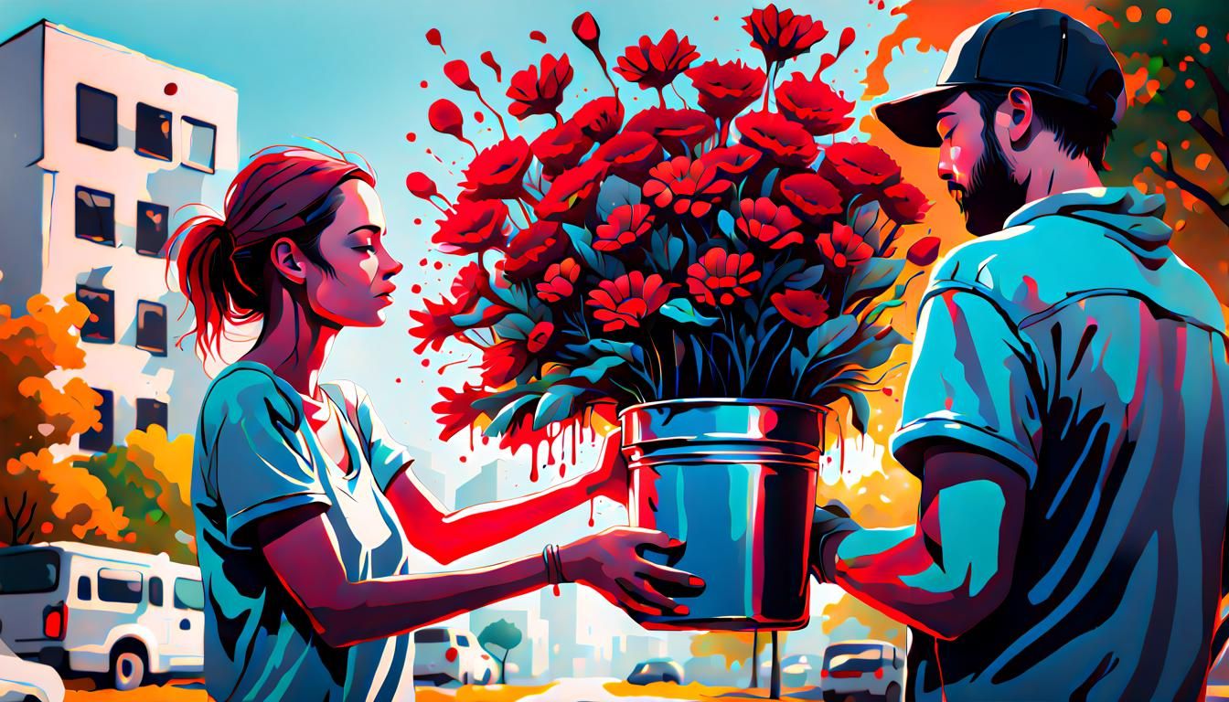 Boyfriend Gives Girlfriend Flowers in Graffiti Art Style