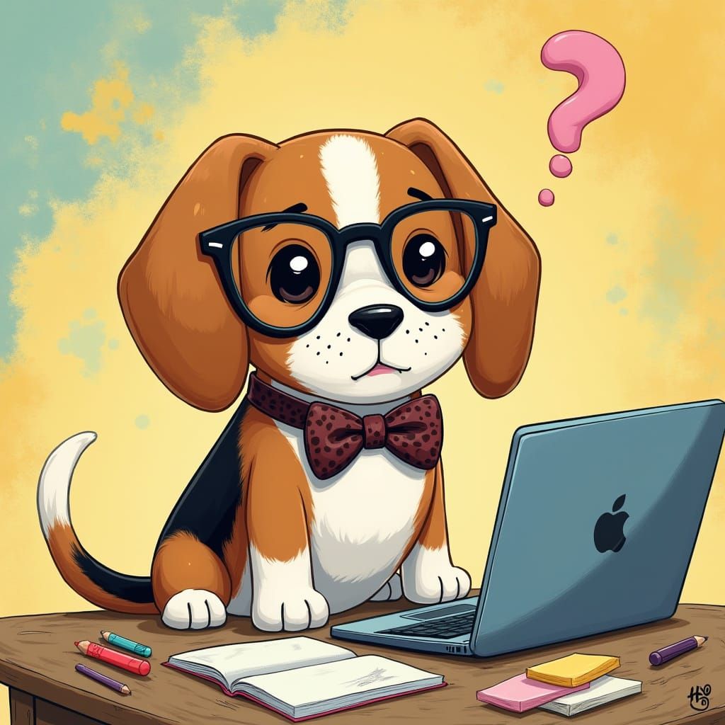 Beagle Working on Laptop in Whimsical Art Style