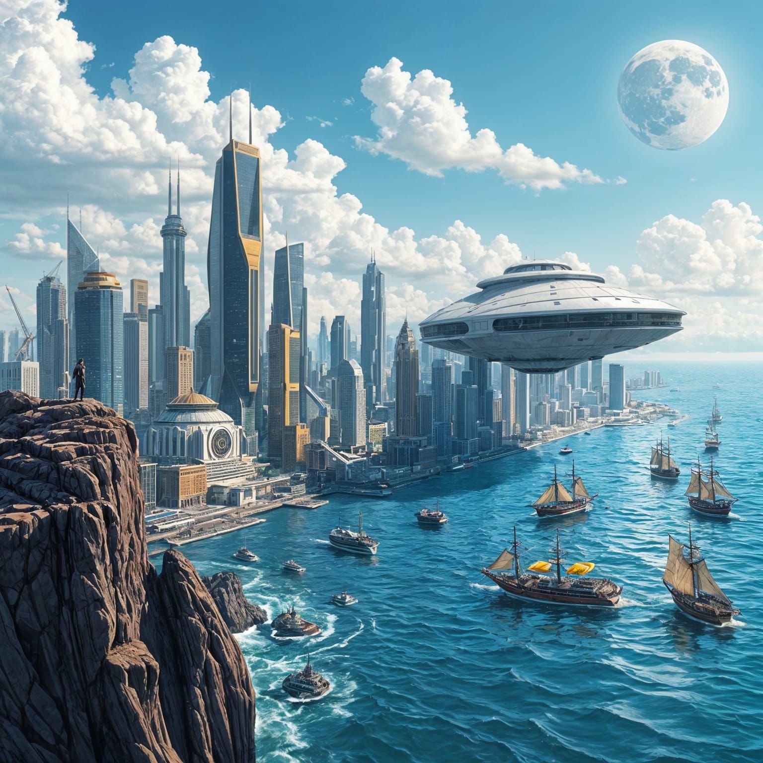 Futuristic Cityscape with Spaceship Illustration