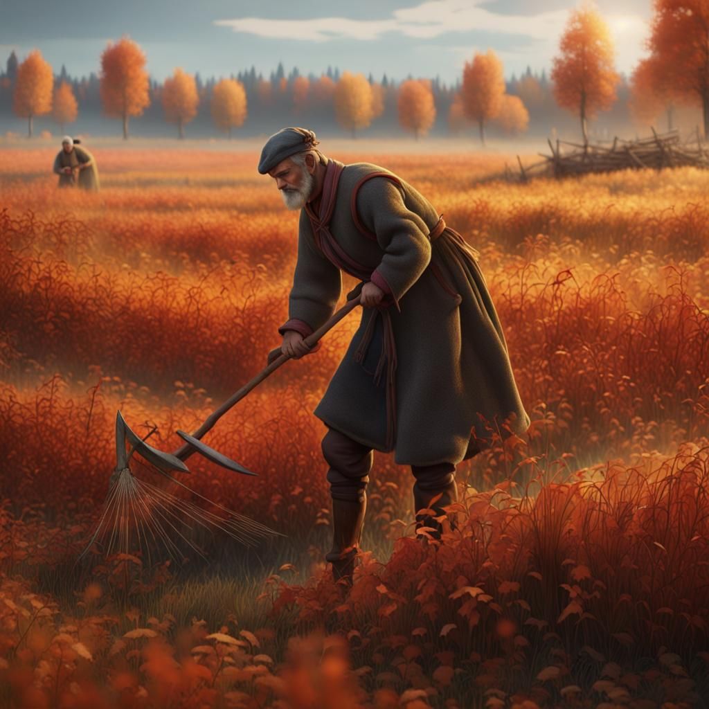 Russian Peasant Scything in Autumnal Field