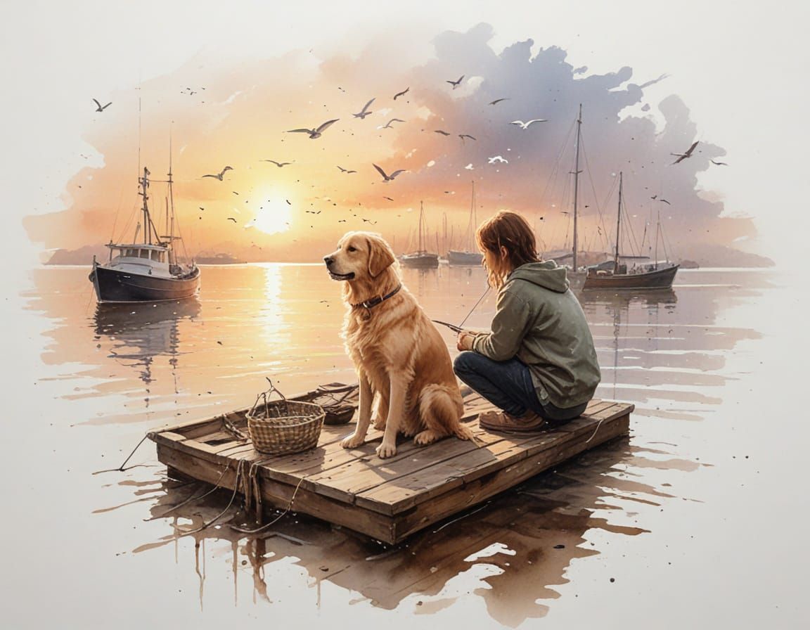 Child and Dog on Dock at Sunrise, Coastal Harbor Scene