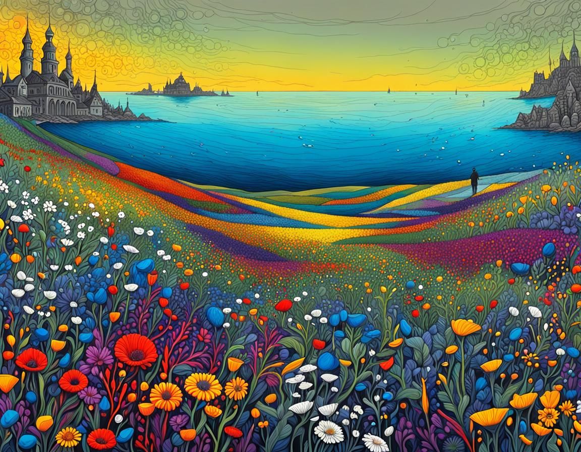 Hyperdetailed Ink Drawing of Wildflower Field and Sea