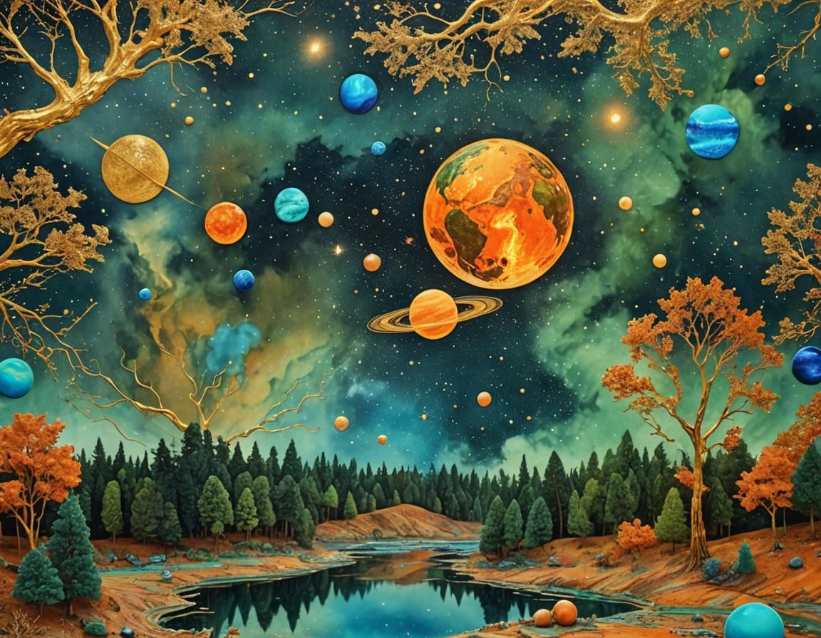 Surreal Fire Planet Landscape in Collage Style