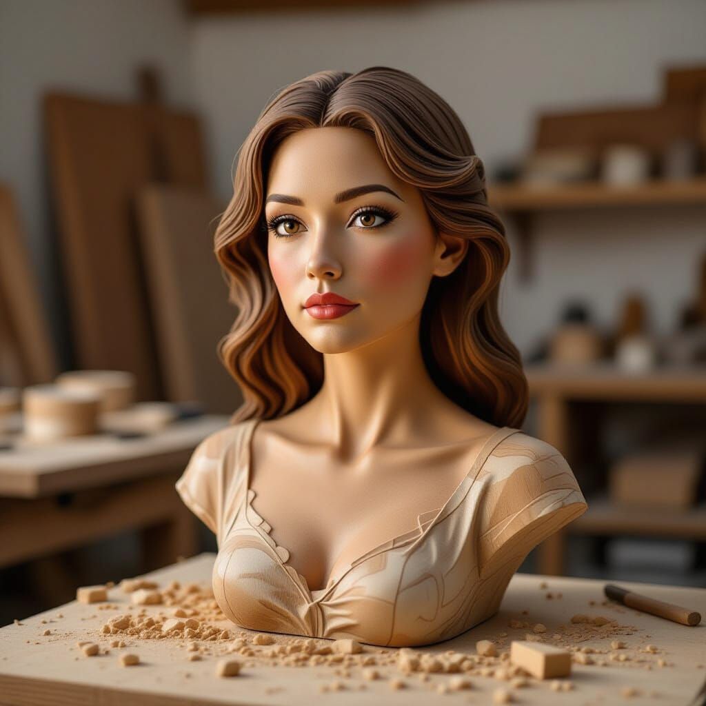 Hyperrealistic Cedar Sculpture of a Woman in Workshop