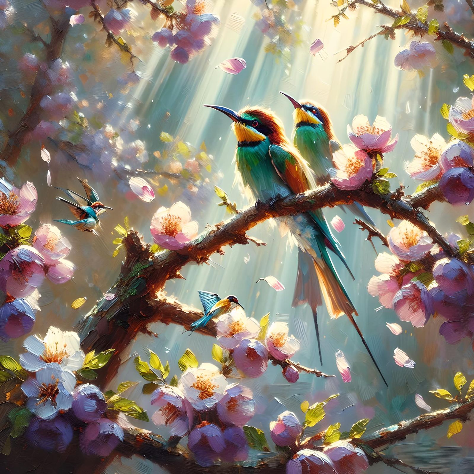 Bee-Eaters in Spring Blossom: An Impressionist Oil Painting