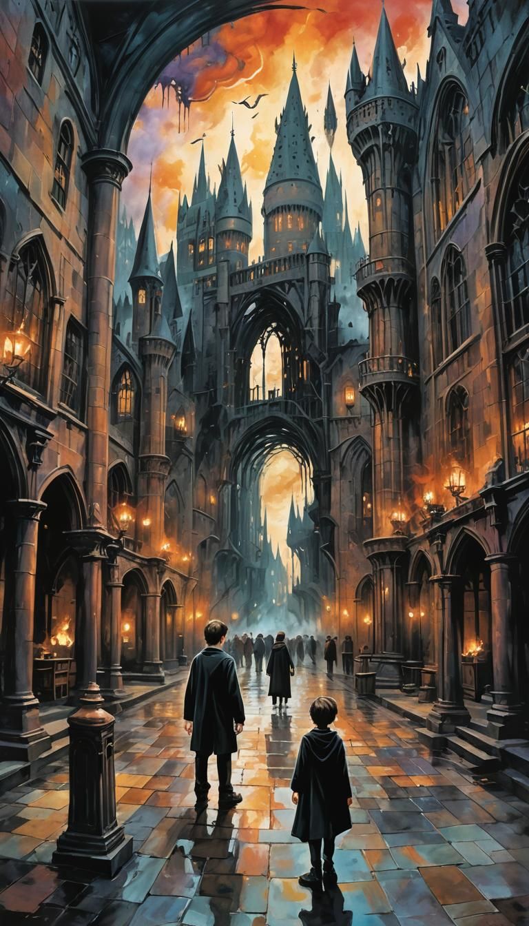 Surreal Harry Potter in Distorted Hogwarts Courtyard