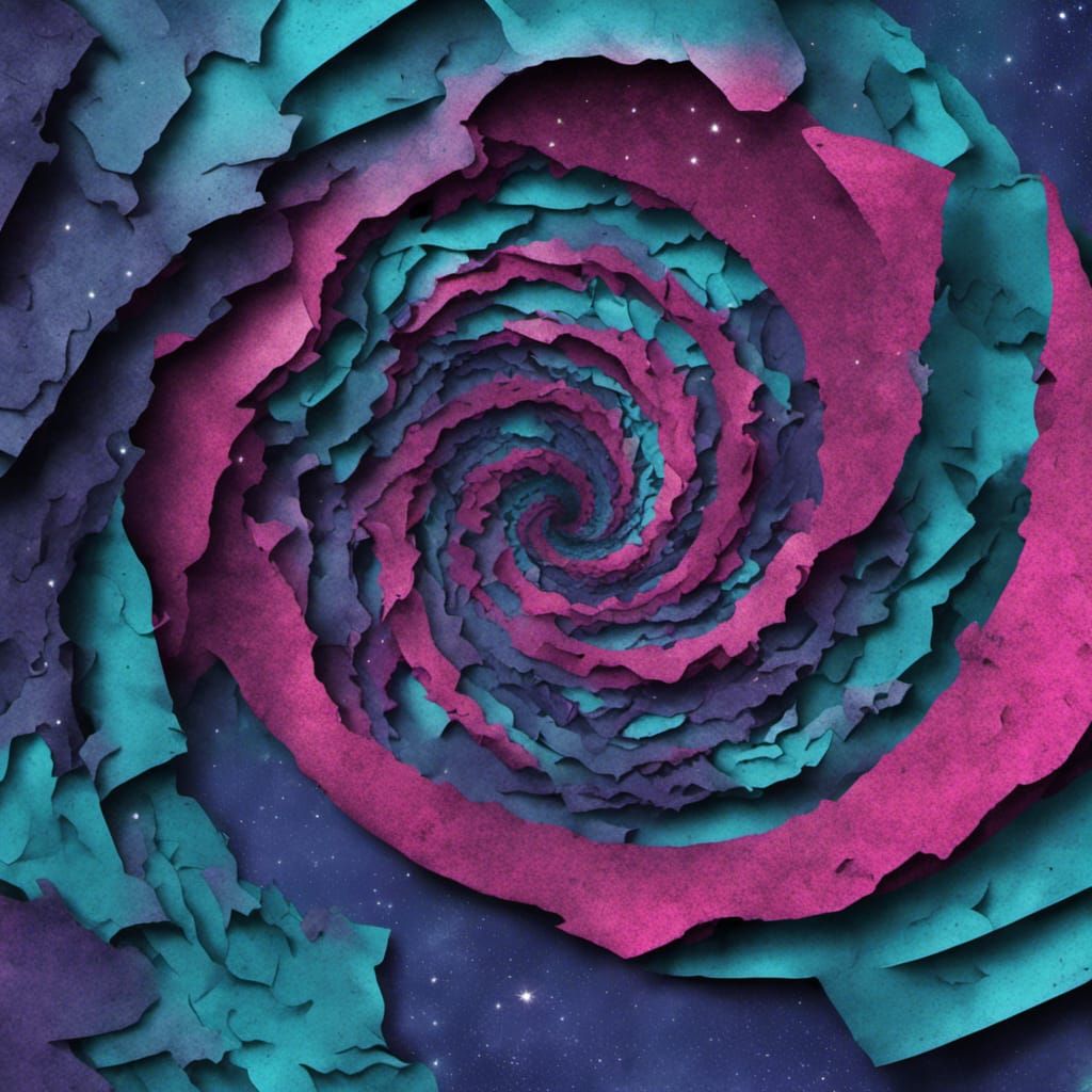 Realistic 3D Spiral Nebula, Layered Torn Paper Collage, Dark...