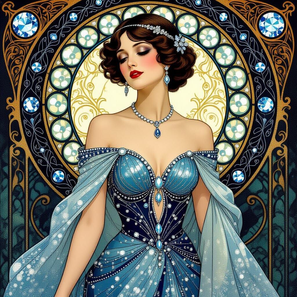 Elegant Woman in Jewel-Encrusted Art Nouveau Gown