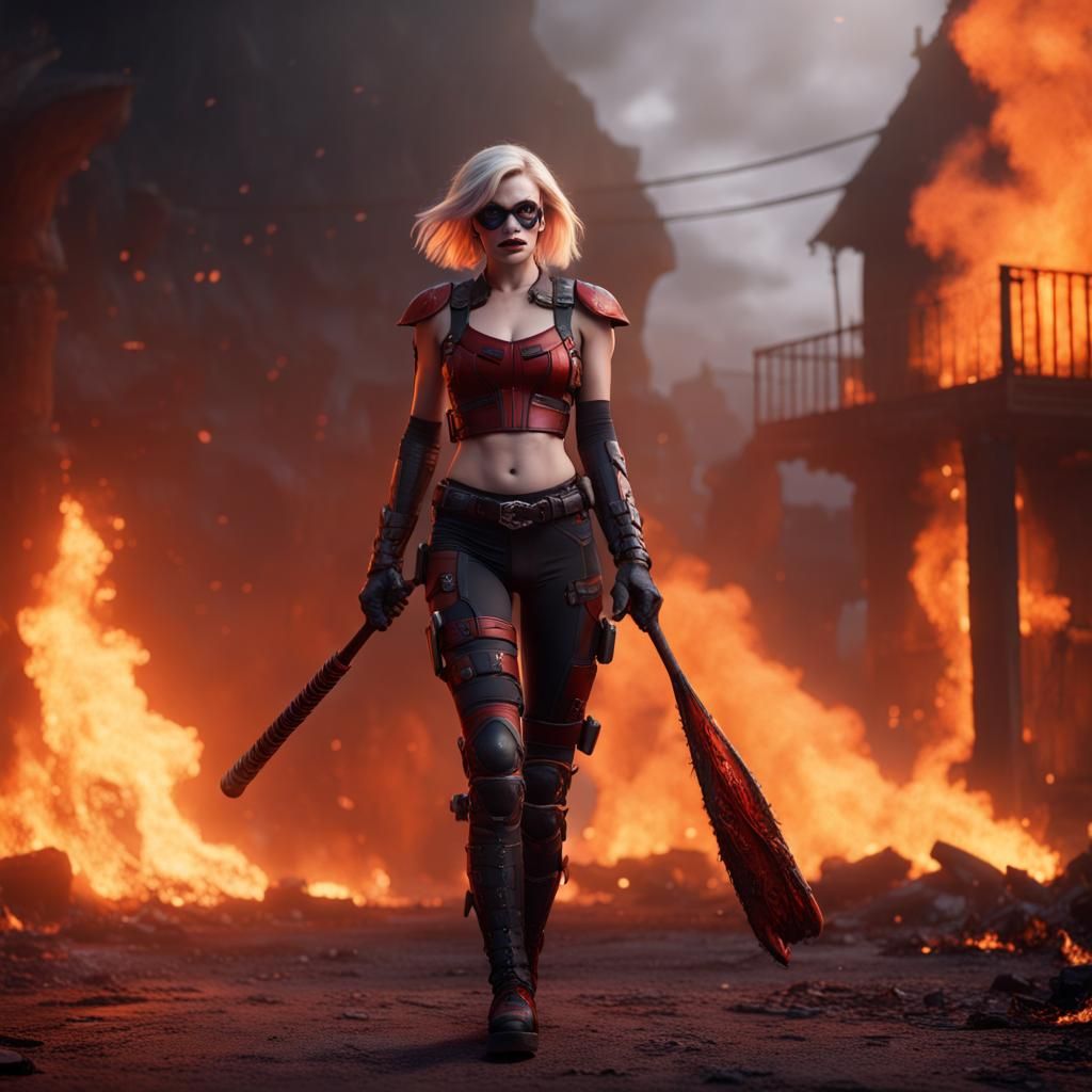 Woman Walks Out of Fire with Bat in Matte Painting