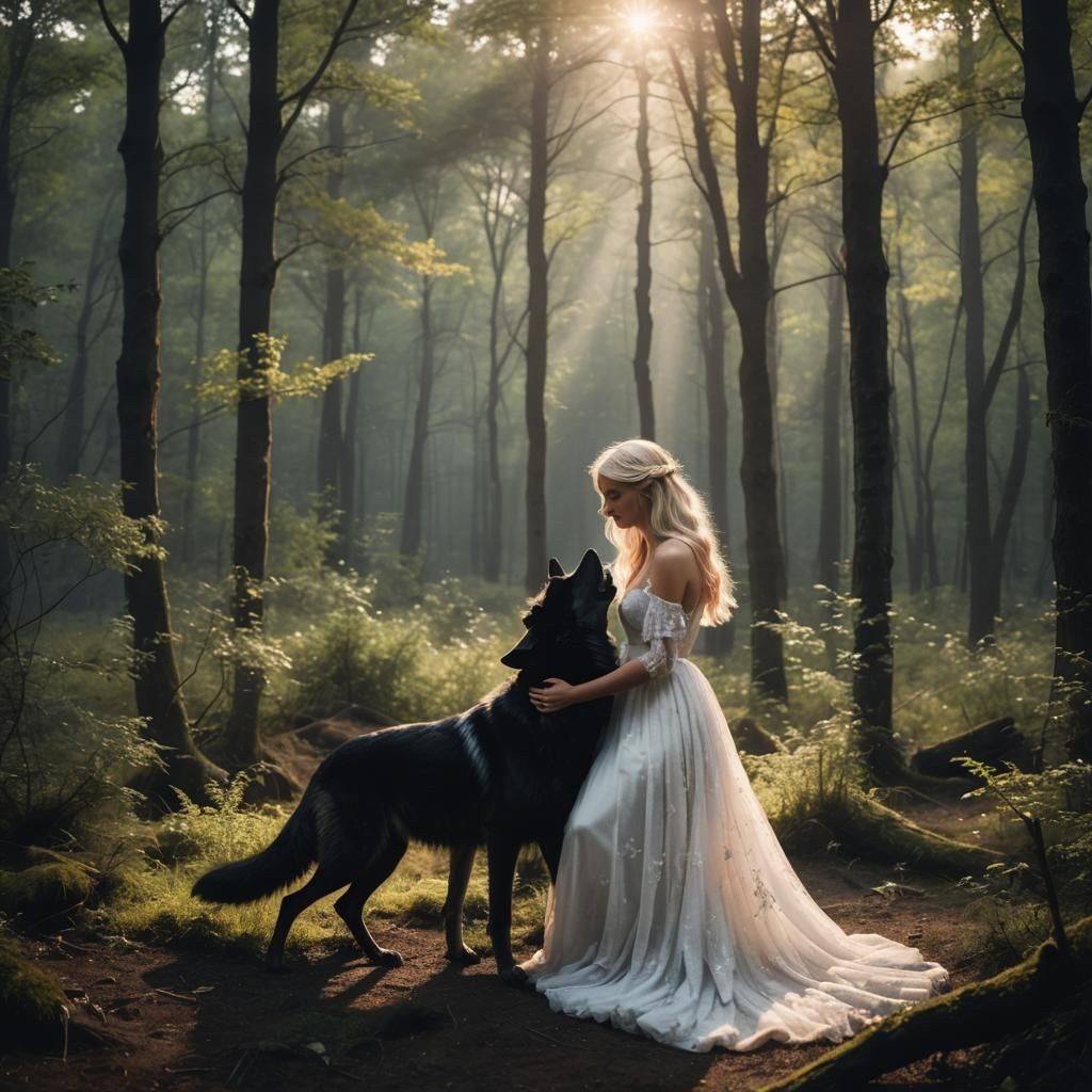 Wolf and Girl Cuddle in Forest Clearing