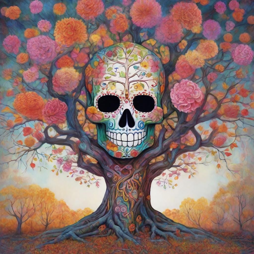 Sugar Skull in Creepy Tree, Deep Color Watercolor