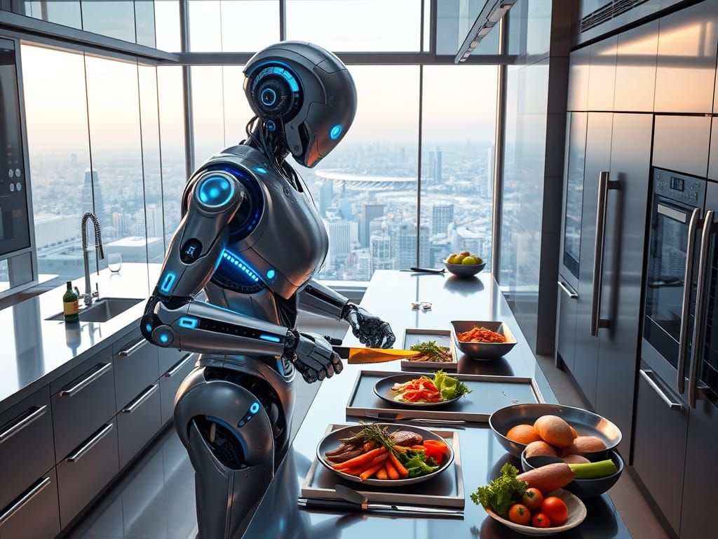 Futuristic Robot Chef in a Metallic Kitchen