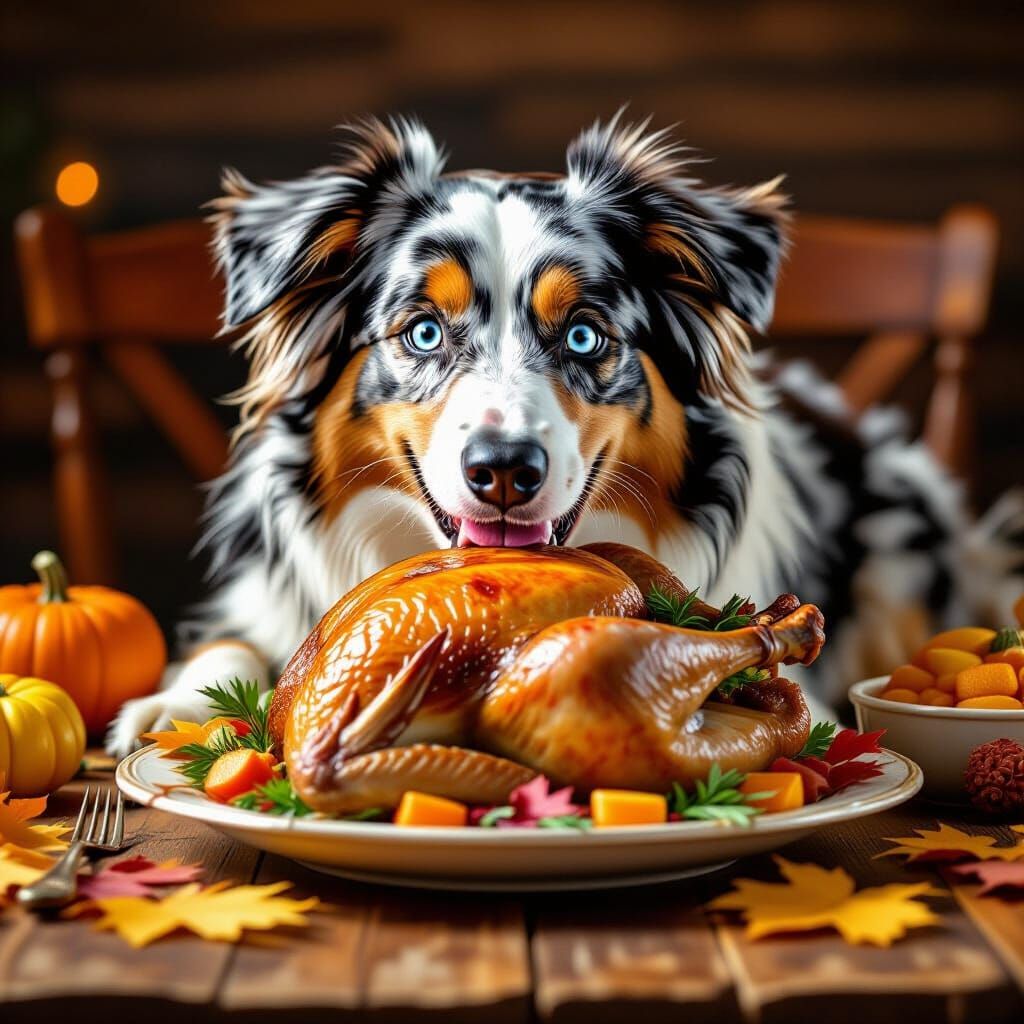Blue Merle Aussie Steals Thanksgiving Turkey in Painterly St...