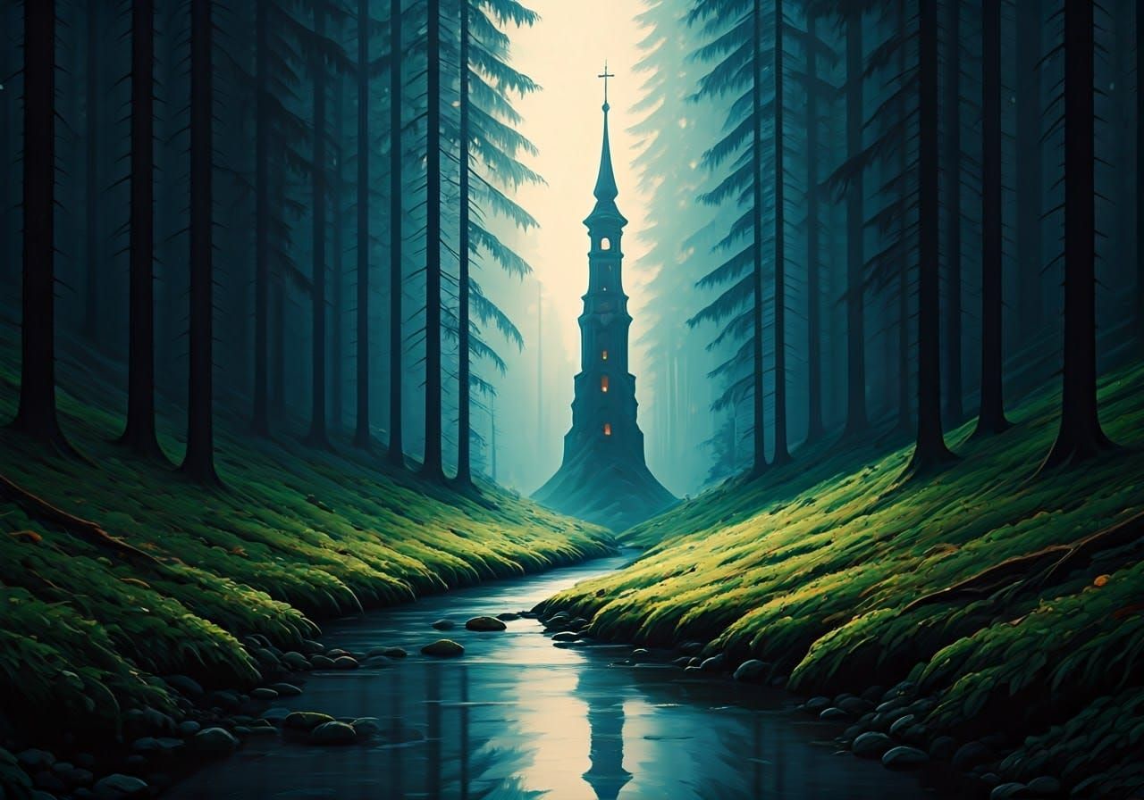 Fairytale Chapel with Spire in Monochromatic Colors