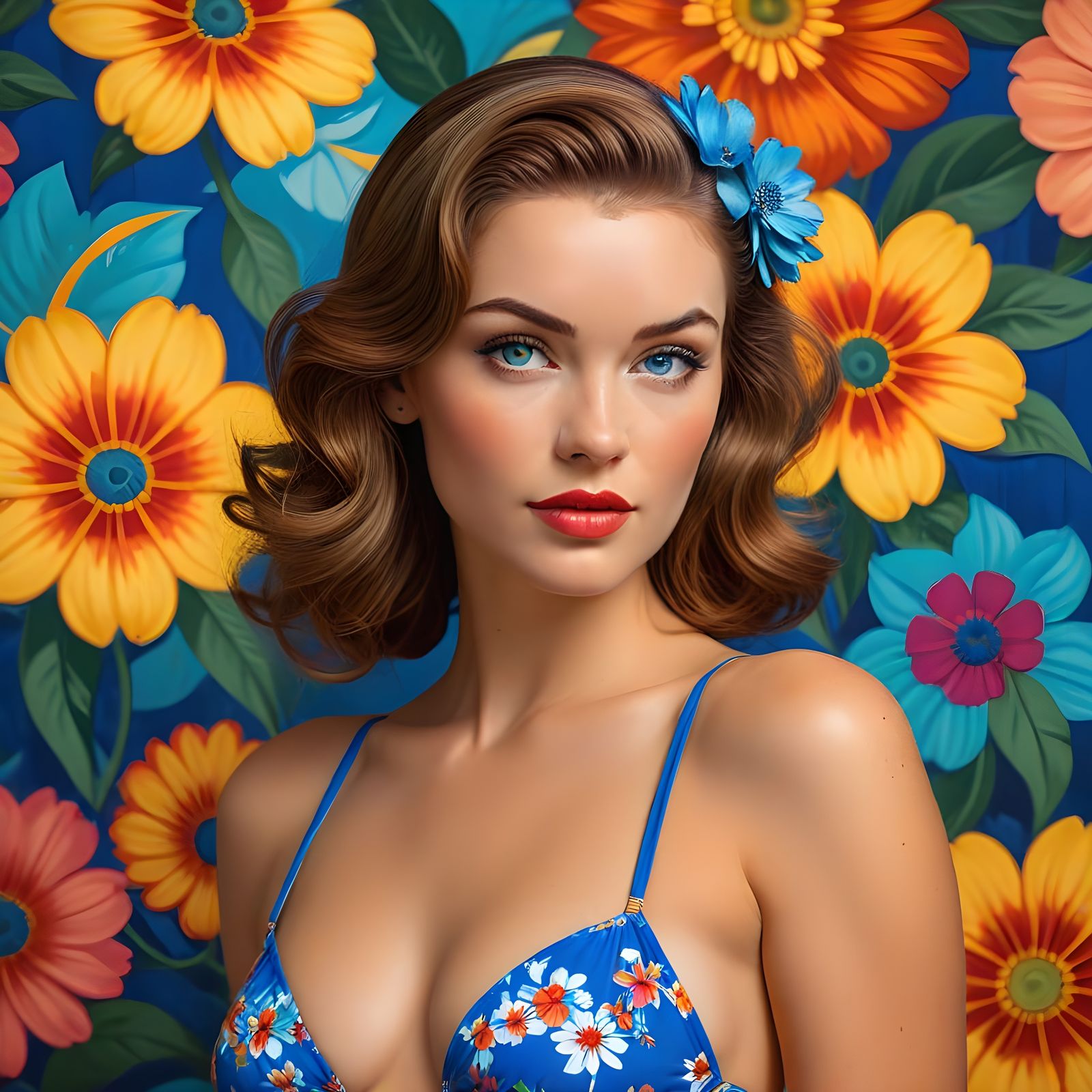 Pin-Up Woman in Blue Bikini with Colorful Background