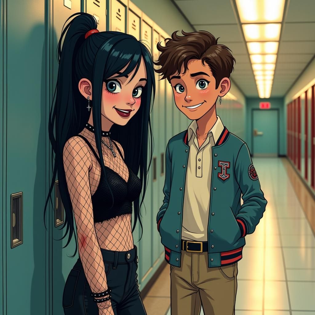 Gothic Girl and Preppy Boy in High School