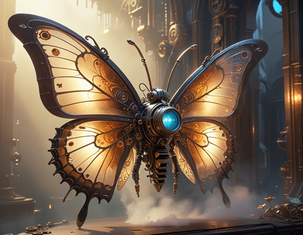 Ethereal Steampunk Butterfly in Flight