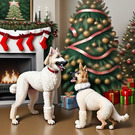 Dogs Dancing by Christmas Tree, Oil Painting