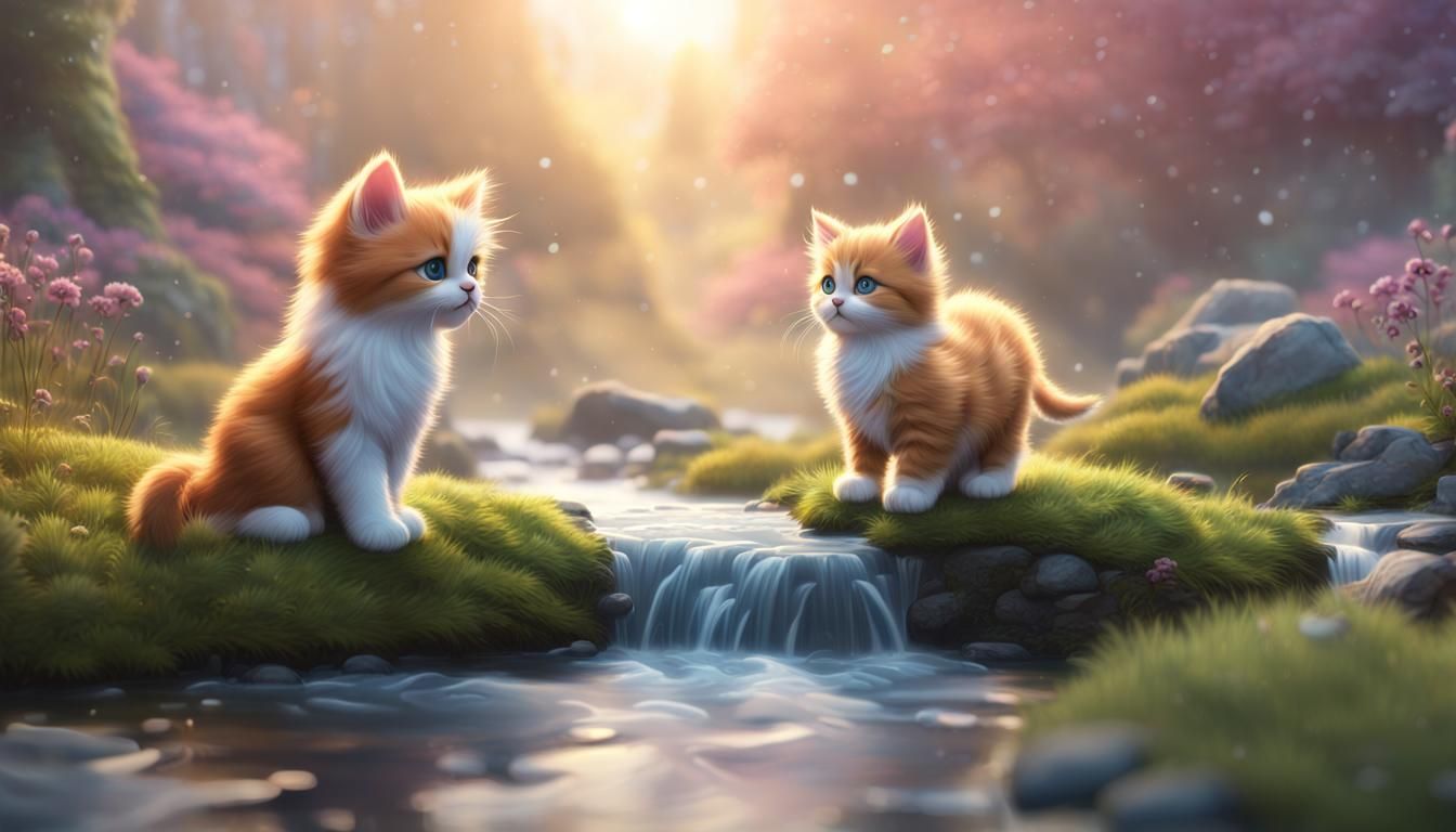 Cute twin cats kitten and dog snowy day by a stream Pixar, Disney, concept art, 3d digital art, Maya 3D, ZBrush Central ...