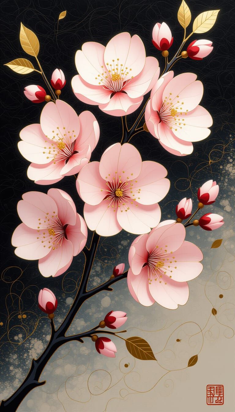 Cherry Blossom Branch in Gold Leaf Art Style