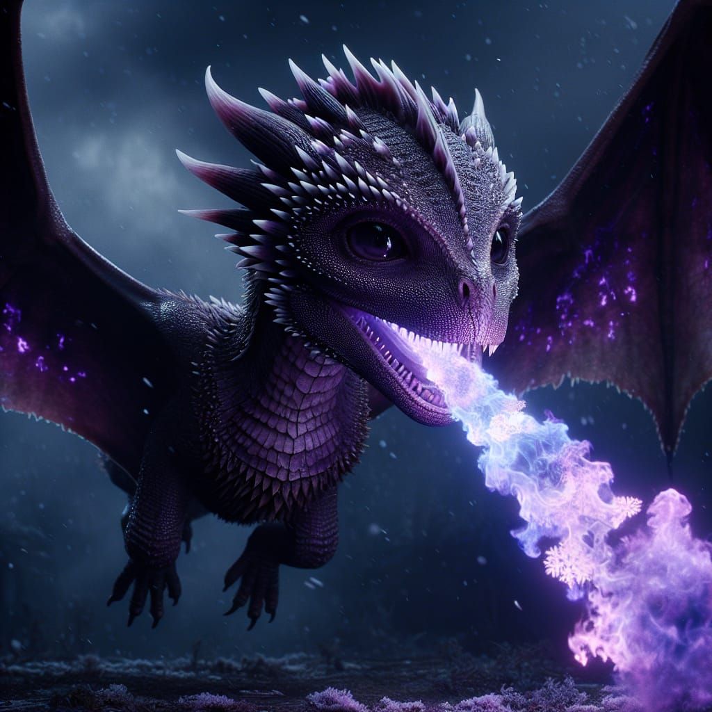 Mystical Dark Fantasy Dragon Unleashes Enchanted Purple Flam...