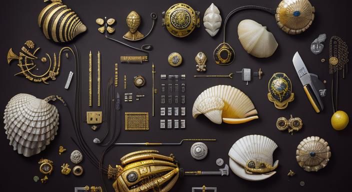 Knolling Still Life with Seashells and Circuit Board