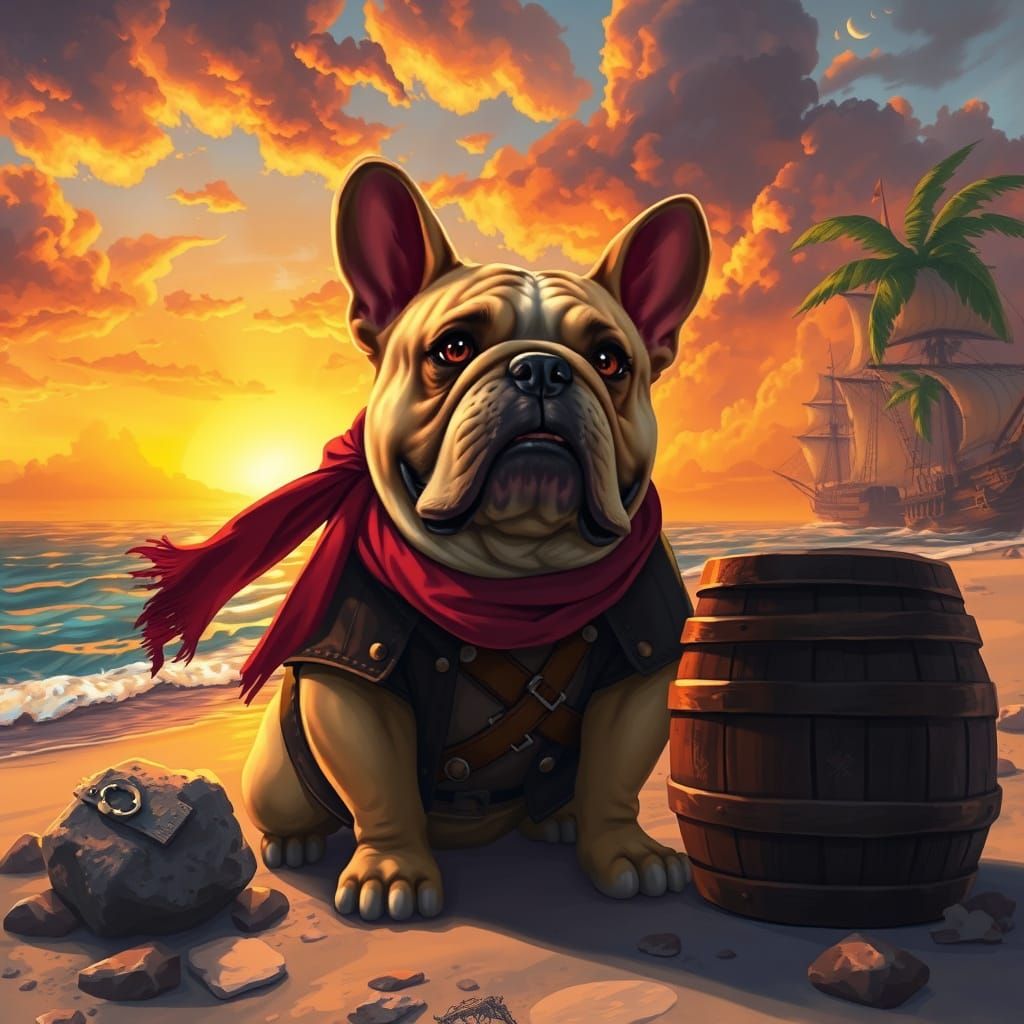 Pirate Bulldog on Tropical Island in Digital Painting Style