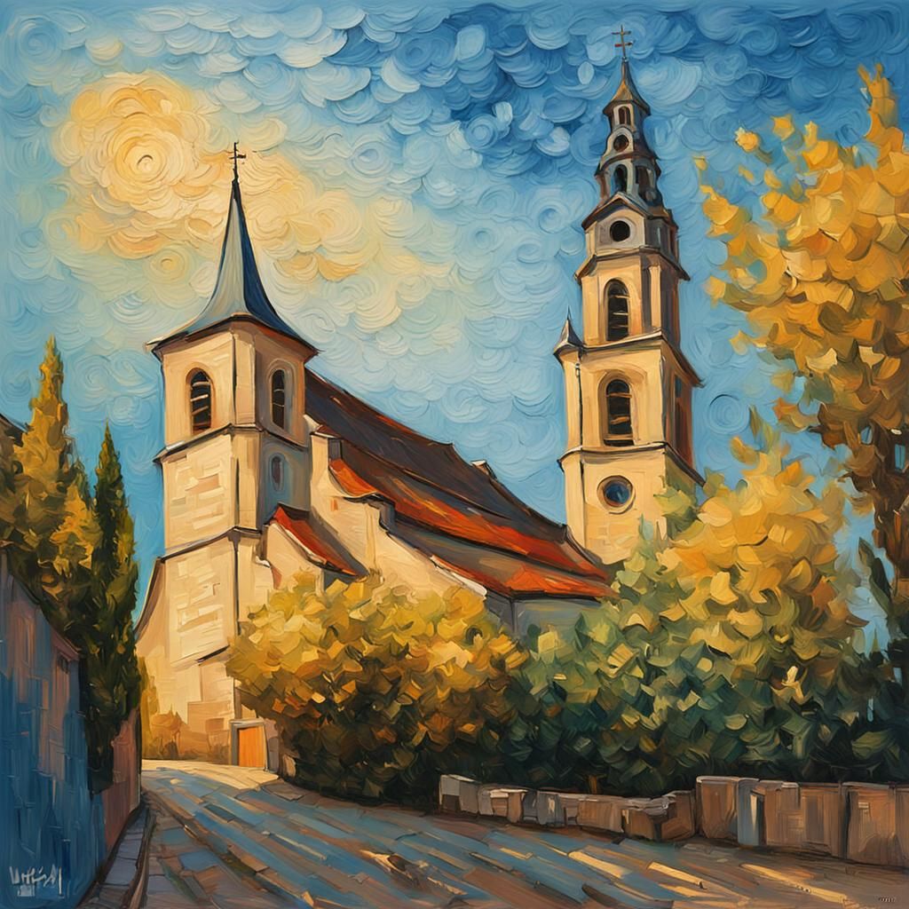 Gothic Church Tower in Baroque Van Gogh Style