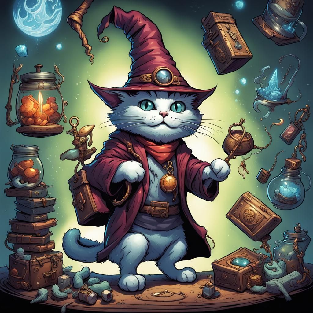 Comic Art: Insane Cat Wizard with Magical Items