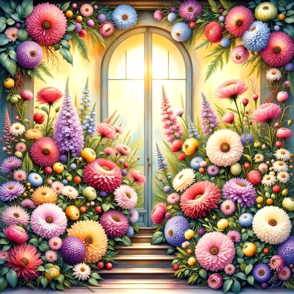 Vibrant Florist Shop Window in Whimsical Style