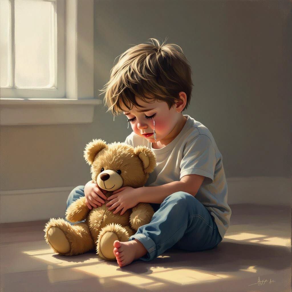 Boy Cries Over Lost Teddy Bear in Warm Light