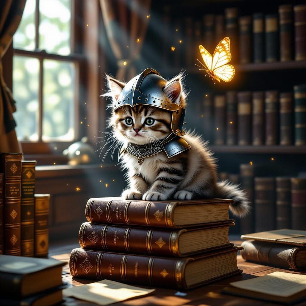 Kitten Knight on Books in Dusty Library