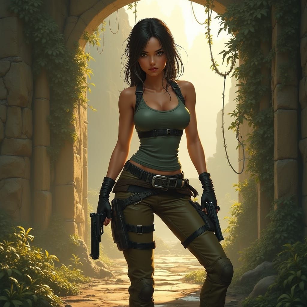 Futuristic Adventurer in Ancient Ruins