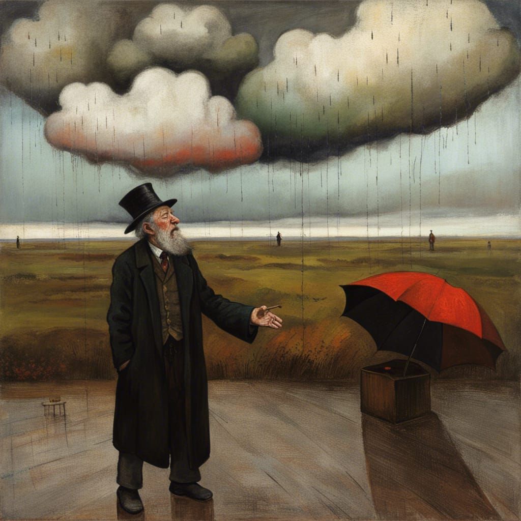Old man yells at the clouds and the rain and the sky to stop