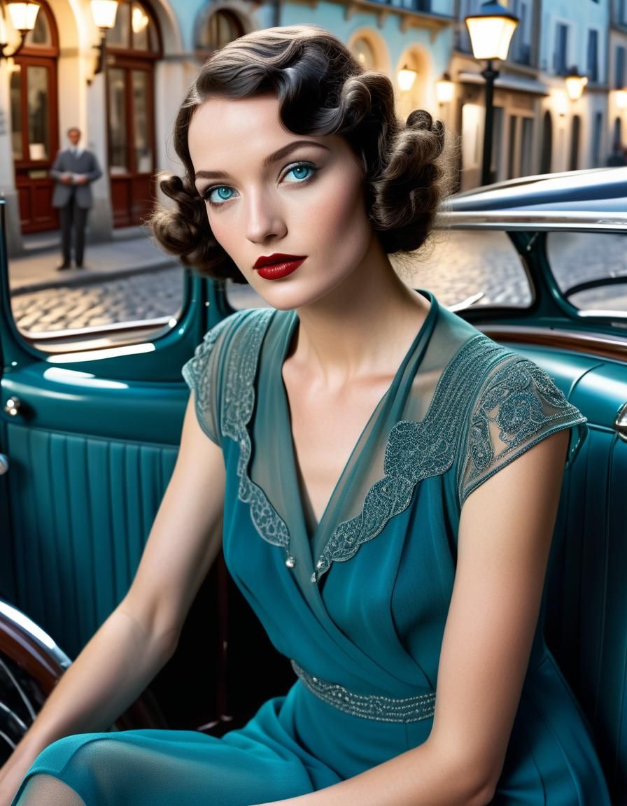 Teal-Eyed Beauty in 1930s European Town