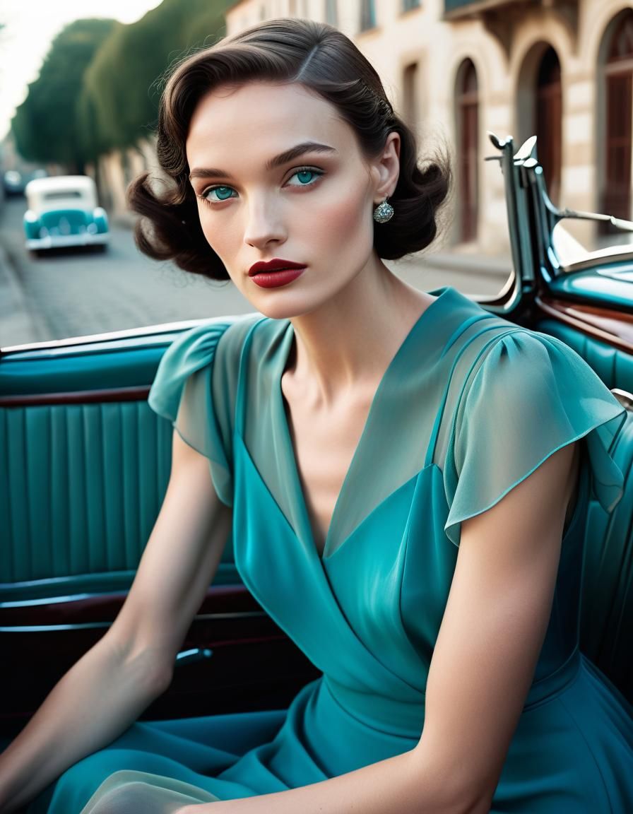 Teal Dress on Vintage Car, Dreamy Portrait